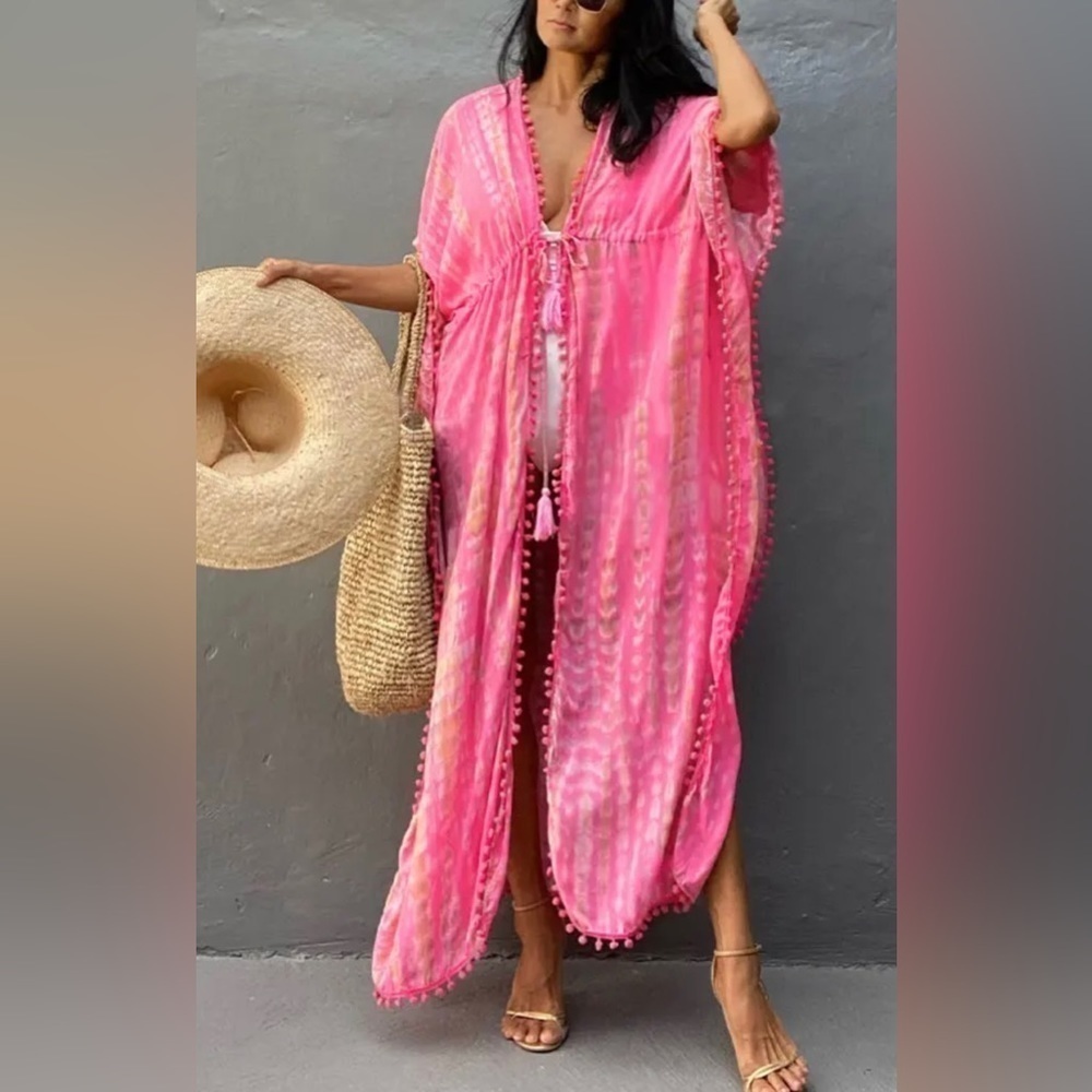 Rose Red Bohemian Beachwear Kimono Swimsuit Coverup Dress